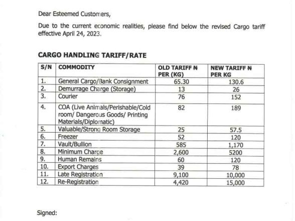 REVISED CARGO TARIFF