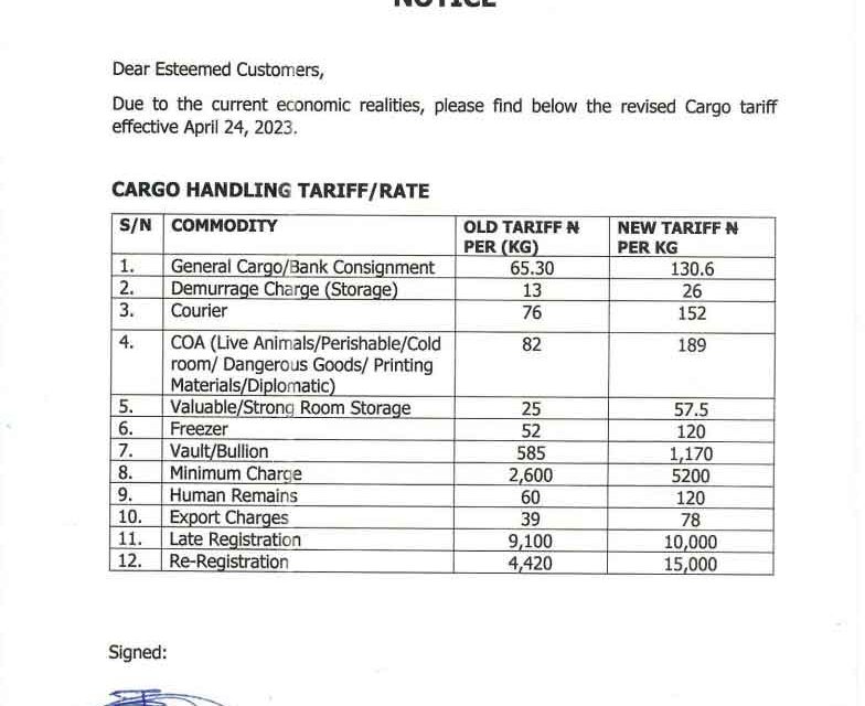 REVISED CARGO TARIFF